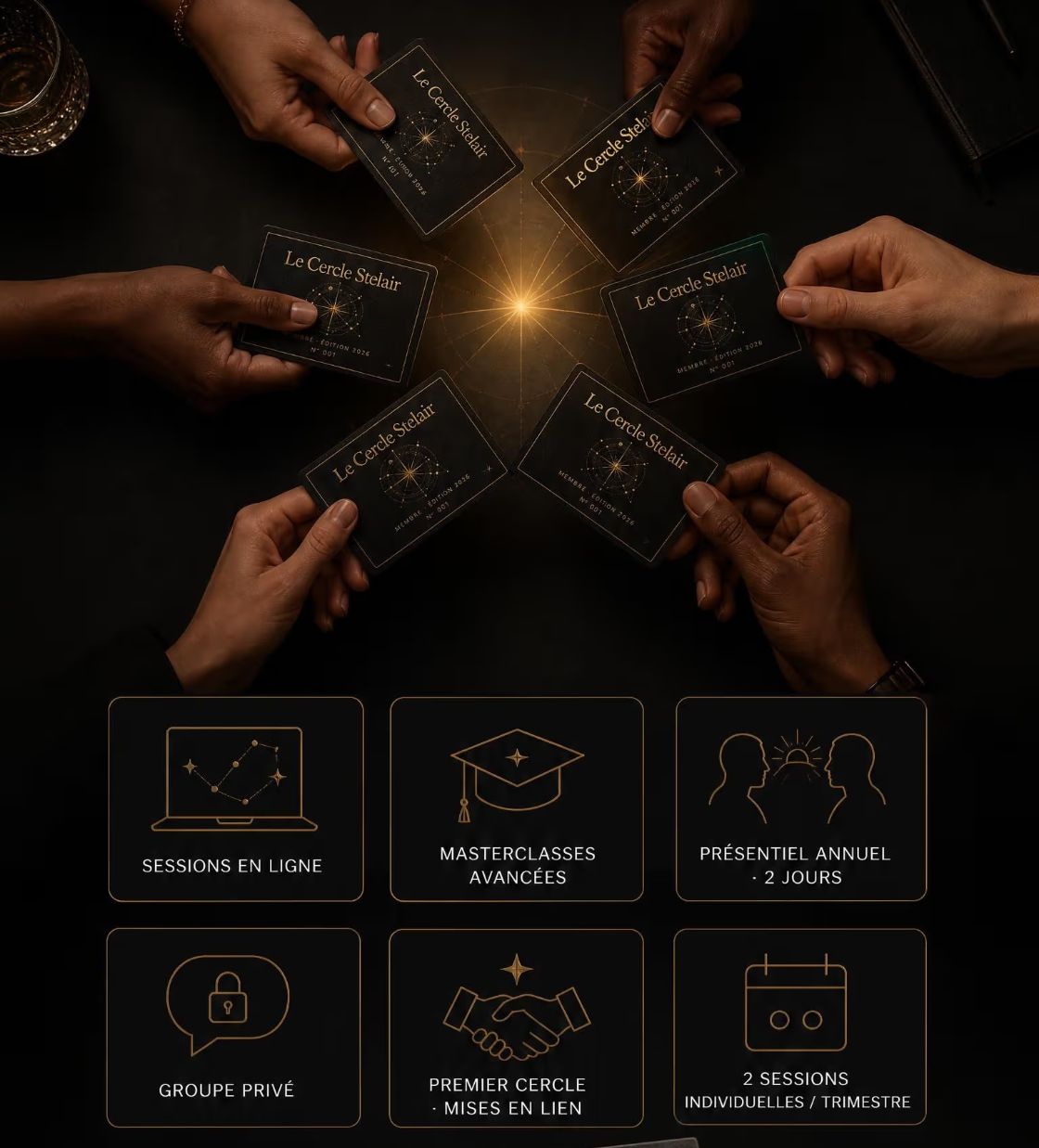 Le Cercle Stelair : six mains tenant les cartes de membre autour d'une étoile, et les six espaces : sessions en ligne, masterclasses avancées, présentiel annuel, groupe privé, mises en lien, sessions individuelles
